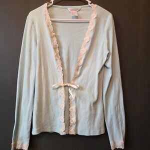 Gilligan & O'Malley Light Blue Lace Trim Tie Front Cardigan Top M Coquette Soft